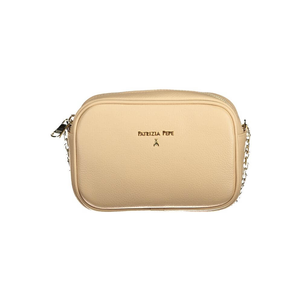 Patrizia Pepe Beige Leather Handbag with adjustable shoulder strap, internal pocket, and zip closure, featuring logo