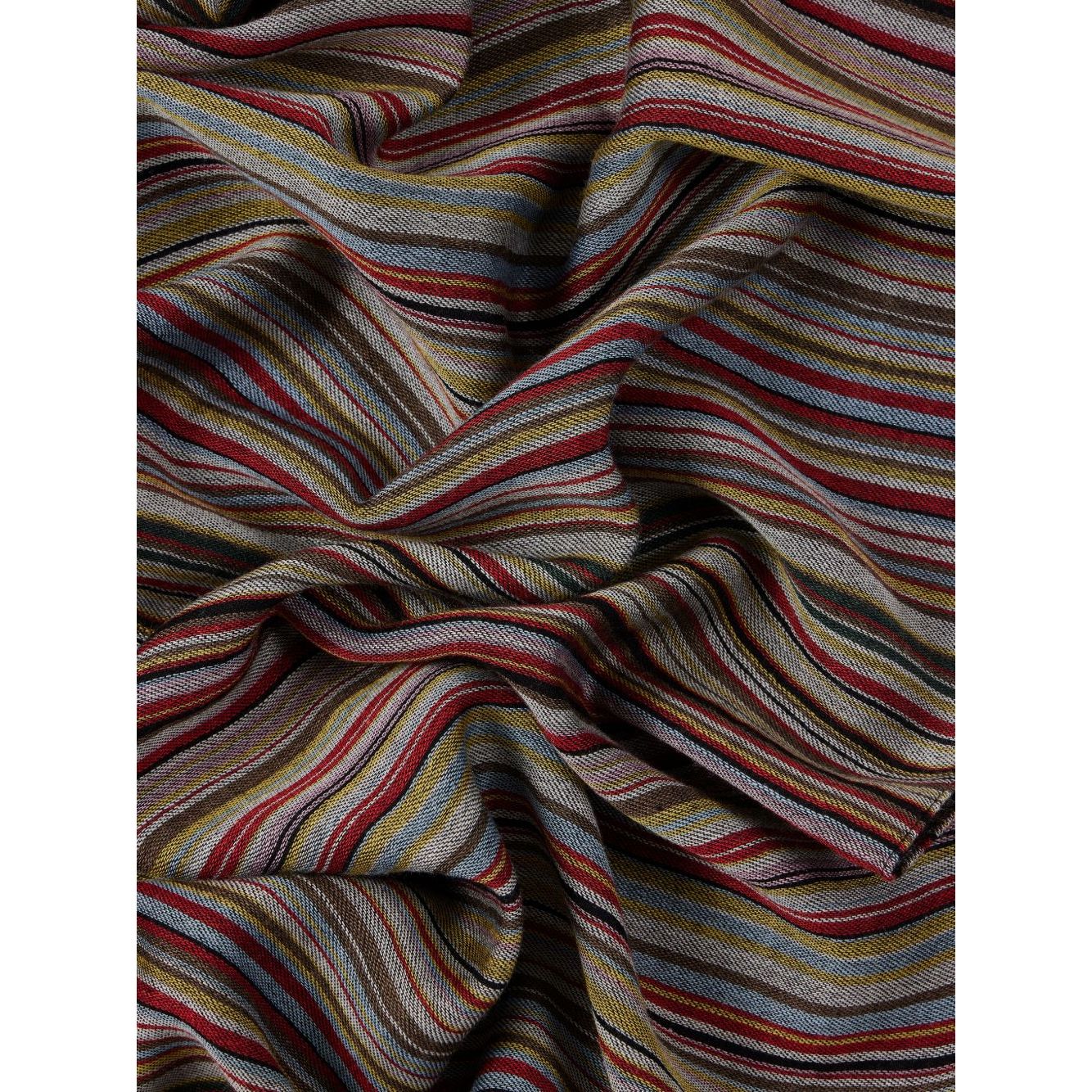 Paul Smith Signature Stripe wool and silk scarf in dark red with frayed edge and wraparound style, featuring vibrant stripes.