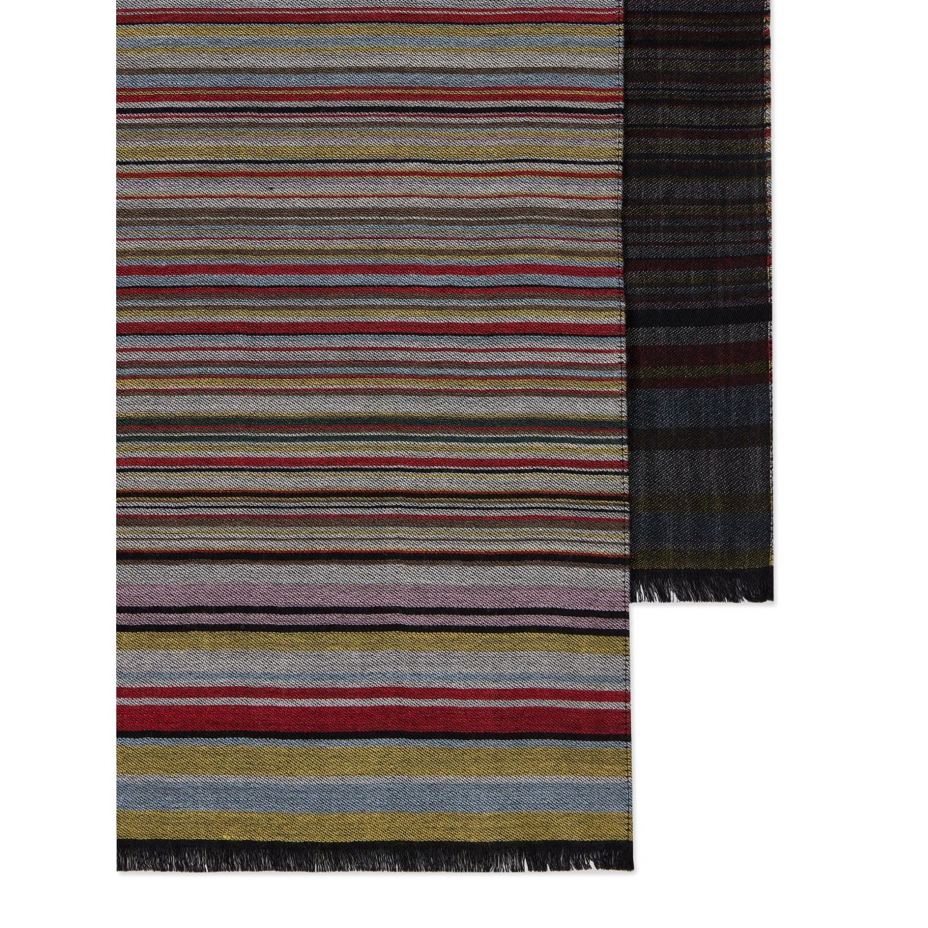 Paul Smith Signature Stripe wool and silk scarf in dark red with frayed edges, showcasing a vibrant striped pattern.