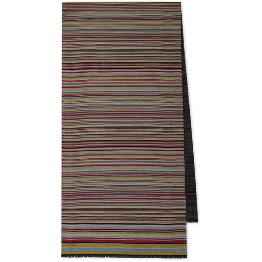 Paul Smith Signature Stripe wool and silk scarf, dark red with frayed edges, elegant wraparound style.