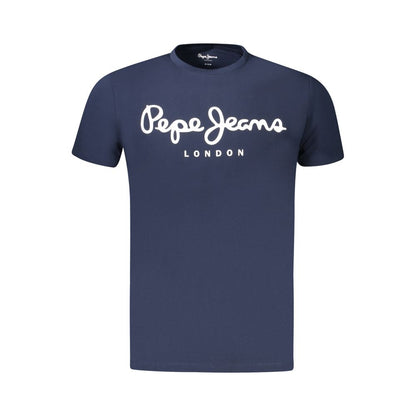 Pepe Jeans Blue Cotton Men T-Shirt with iconic logo, sustainable fabric, slim fit design, and crew neck style.