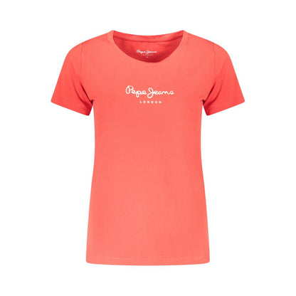 Pepe Jeans Red Cotton Women T-Shirt, short-sleeved crew neck with logo print, made from sustainable cotton and elastane blend.