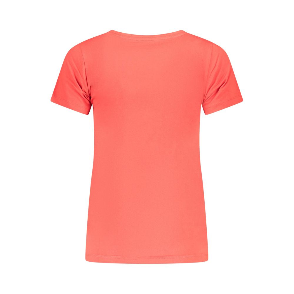Back view of Pepe Jeans Red Cotton Women T-Shirt with short sleeves and crew neck.