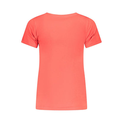 Back view of Pepe Jeans Red Cotton Women T-Shirt with short sleeves and crew neck.