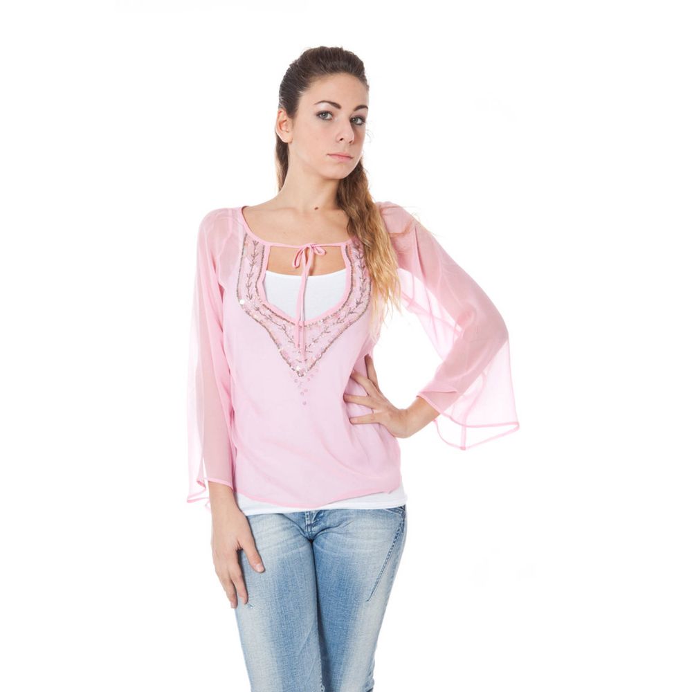 Stylish Phard Pink Silk Women Top with sequins and V-neck, featuring long sleeves and Italian craftsmanship for elegant fashion.