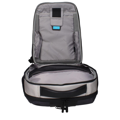 Interior view of Piquadro Gray Nylon Backpack with open main compartment, showing space for iPad/PC and organizational pockets.