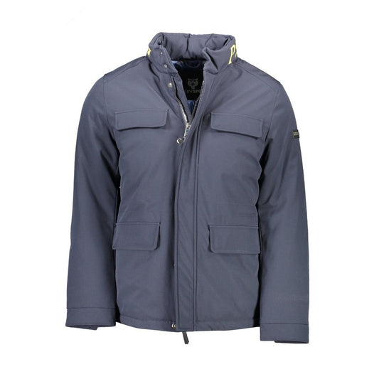 Plein Sport Blue Polyester Men's Jacket with concealed hood and multiple pockets, showcasing bold styling and functionality.