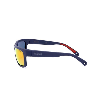 Polaroid Blue Nylon Sunglasses with red temple accent, side view showing yellow lenses, model PLD7031S8RU, size 59/17/140mm.