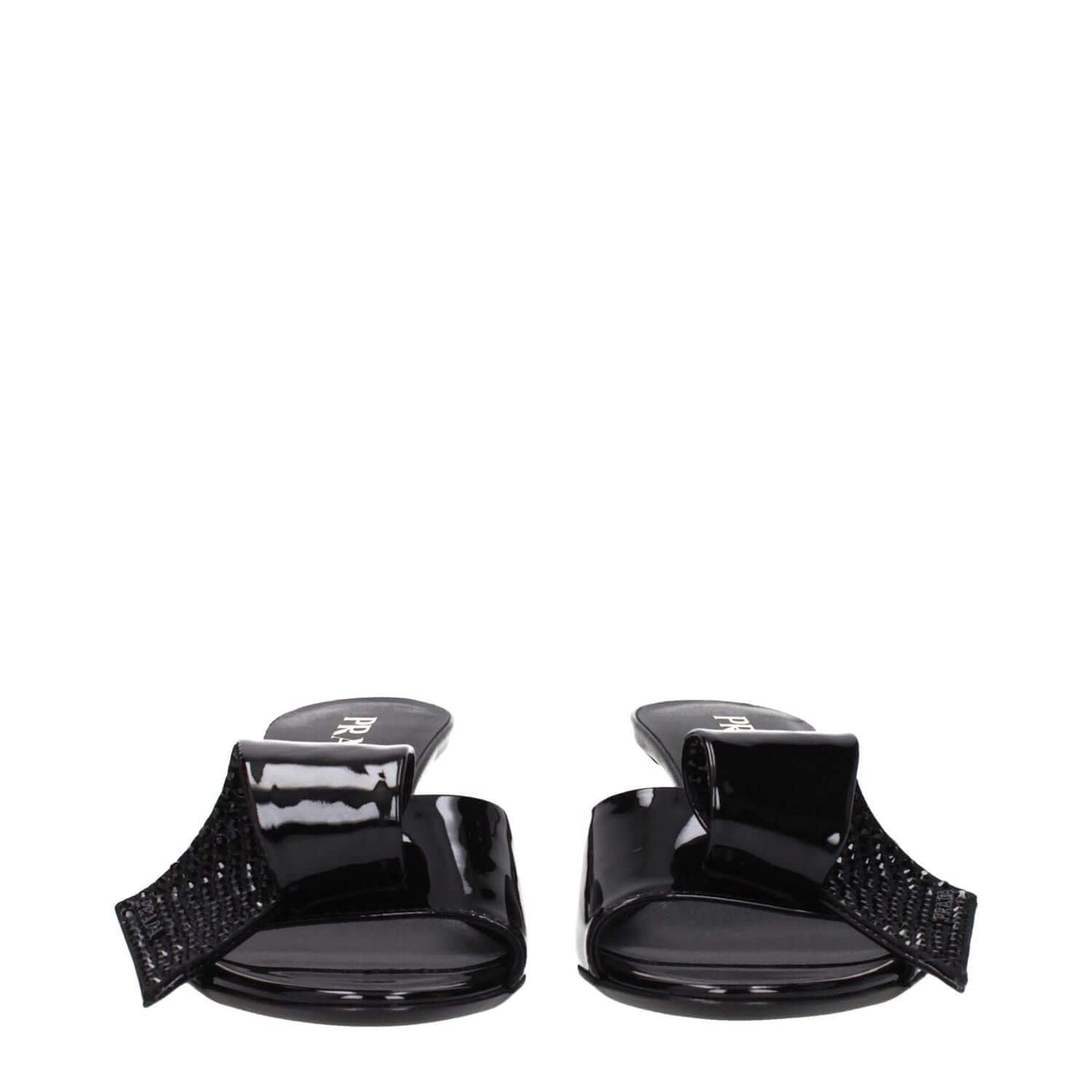 Prada Black Leather Sandals with open toe and mid heels, featuring black patent leather and front detail, style code F80994.