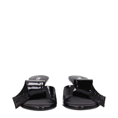 Prada Black Leather Sandals with open toe and mid heels, featuring black patent leather and front detail, style code F80994.