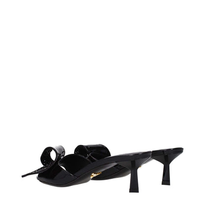 Prada Black Leather Sandals with mid heels and open toe design, featuring patent leather front detail and 5.5 cm heel height.