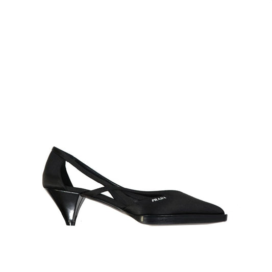 Prada Black Silk Mid Heel Pumps with pointed toe, cut-out design, and small logo detail for women, made in Italy, slip-on style.