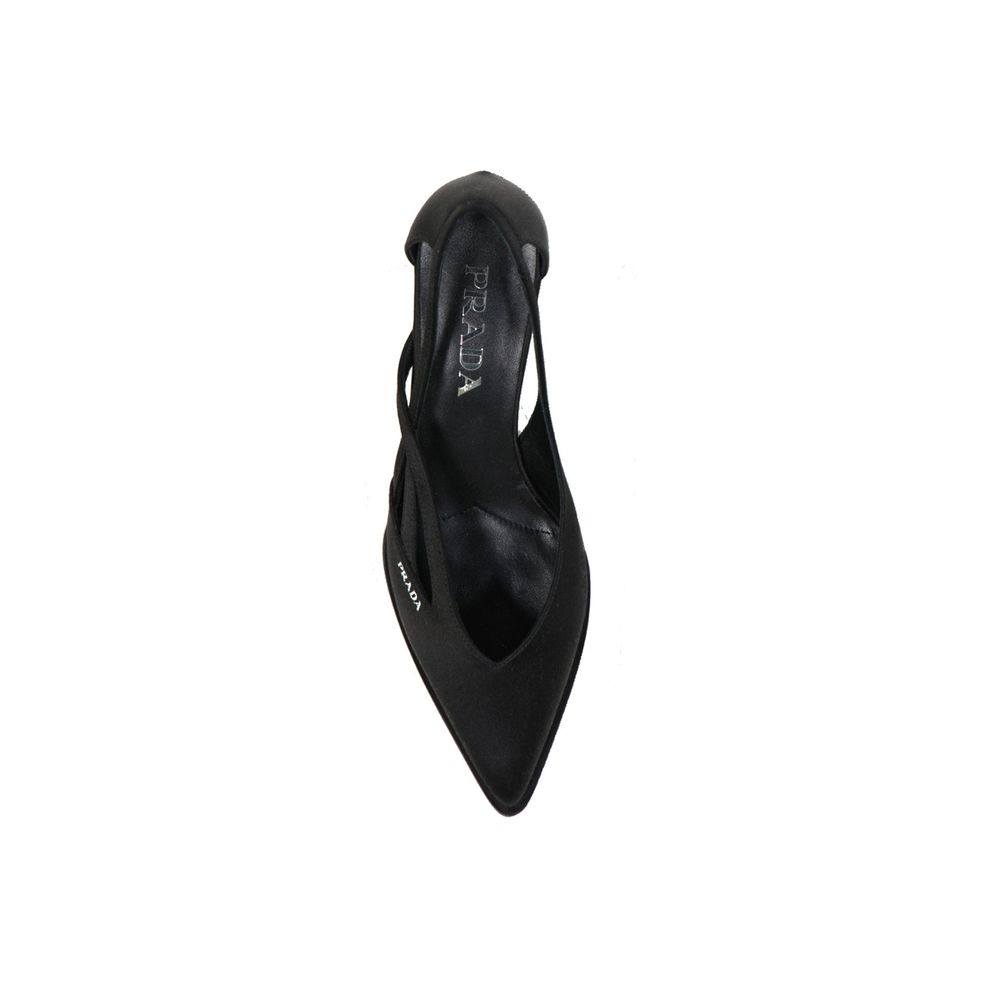 Prada Black Silk Mid Heel Pumps with pointed toe, leather insole, and side logo detail, perfect for women's fashion. 