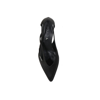 Prada Black Silk Mid Heel Pumps with pointed toe, leather insole, and side logo detail, perfect for women's fashion. 