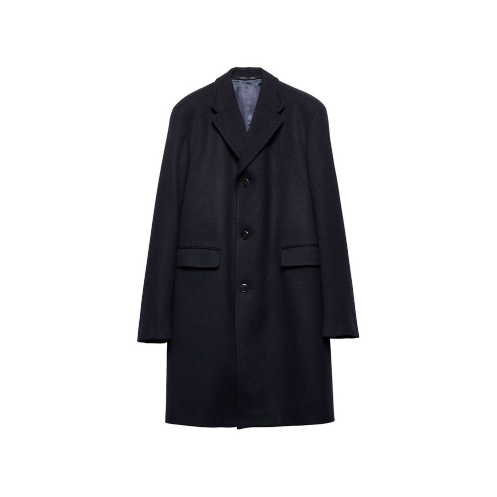 Prada Blue Wool Coat with long sleeves and classic reverse, featuring a single-breasted design and back triangle logo detail for men.