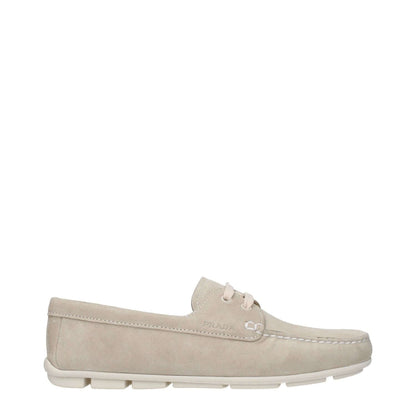 Prada Gray Leather Slip-On Loafers with side logo, lace-up closure, rubber sole, and round toe for casual style.