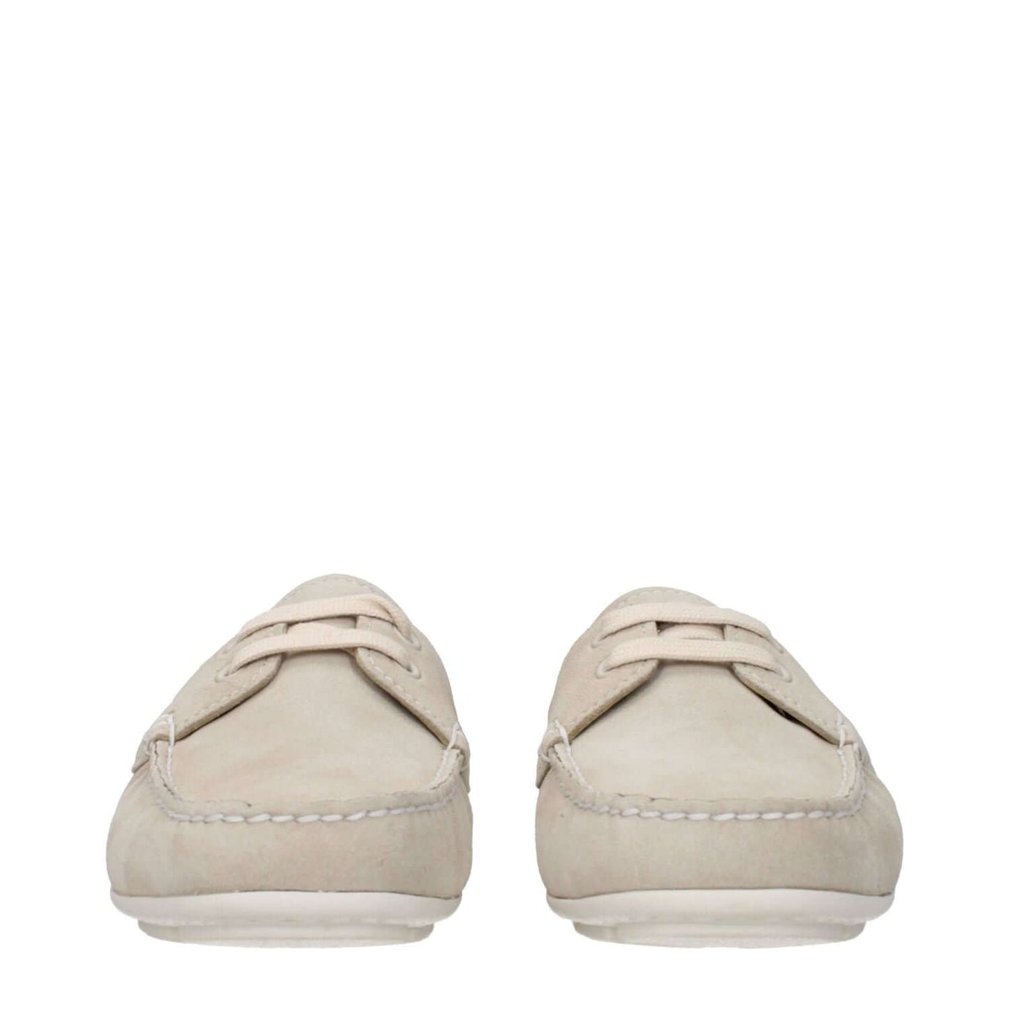 Front view of Prada Gray Leather Slip-On Loafers with round toe and rubber sole, featuring side logo and low, flat heel.