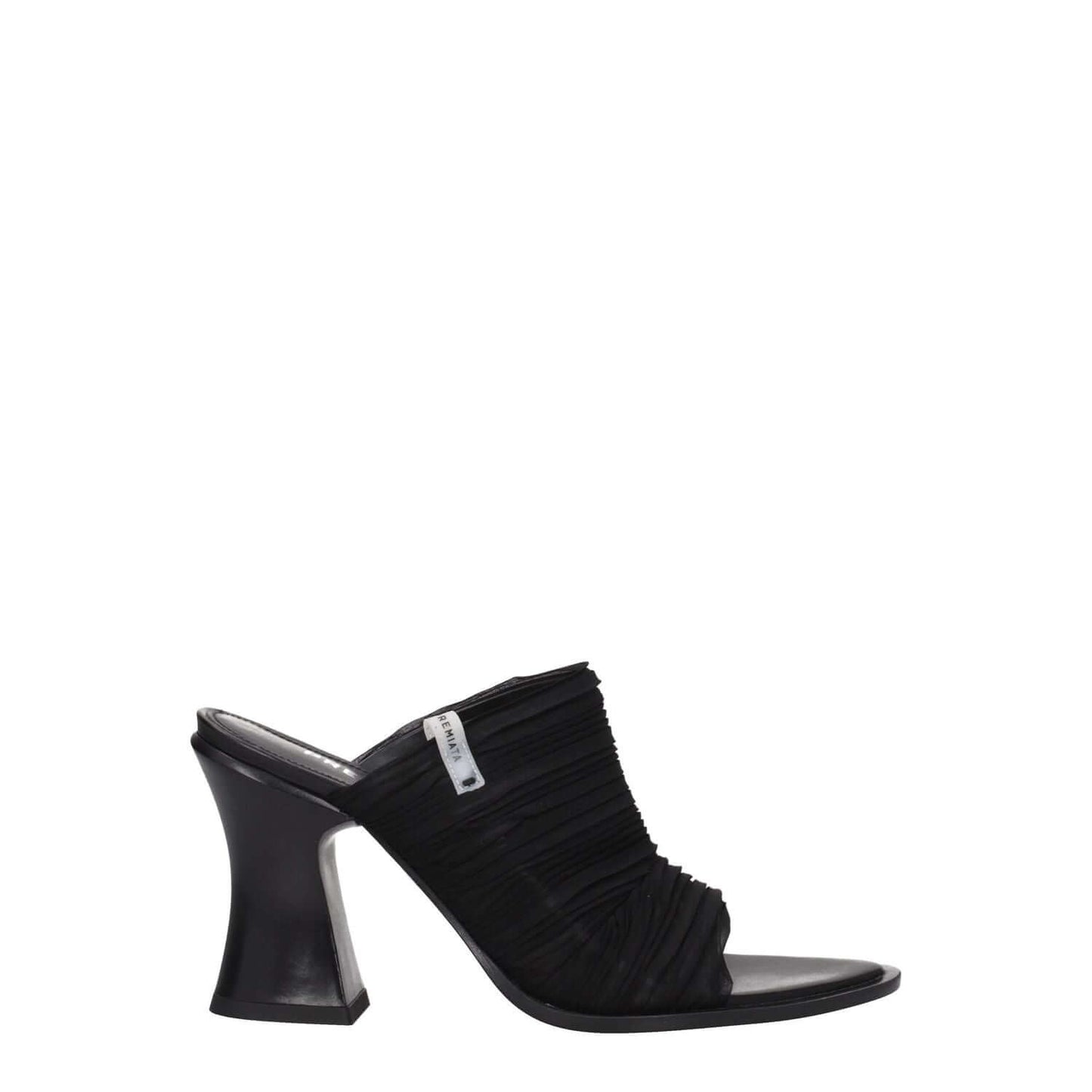 Premiata Black Fabric Platform Sandals with side logo, high heel, open toe, leather sole, and 10 cm heel height.