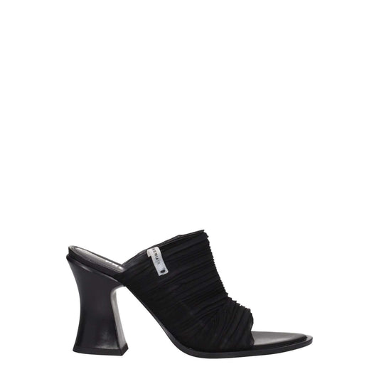 Premiata Black Fabric Platform Sandals with side logo, high heel, open toe, leather sole, and 10 cm heel height.