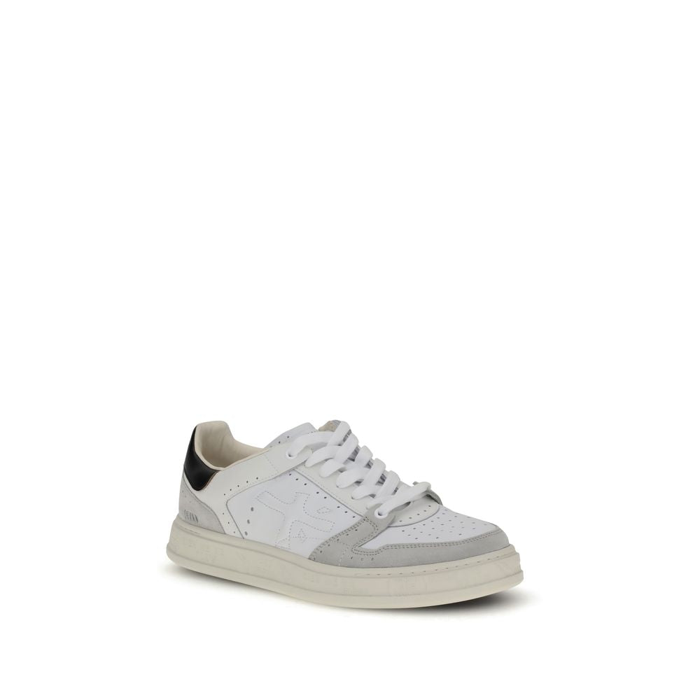Premiata White Calf Leather Bos Taurus Low Top Sneakers with perforated toe and embossed logo detailing on flat rubber sole.