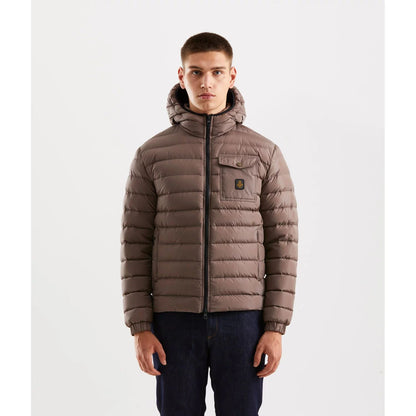 Man wearing Refrigiwear Beige Nylon Men Jacket with hood, chest pocket, and zip closure, ideal for urban winter style and warmth.