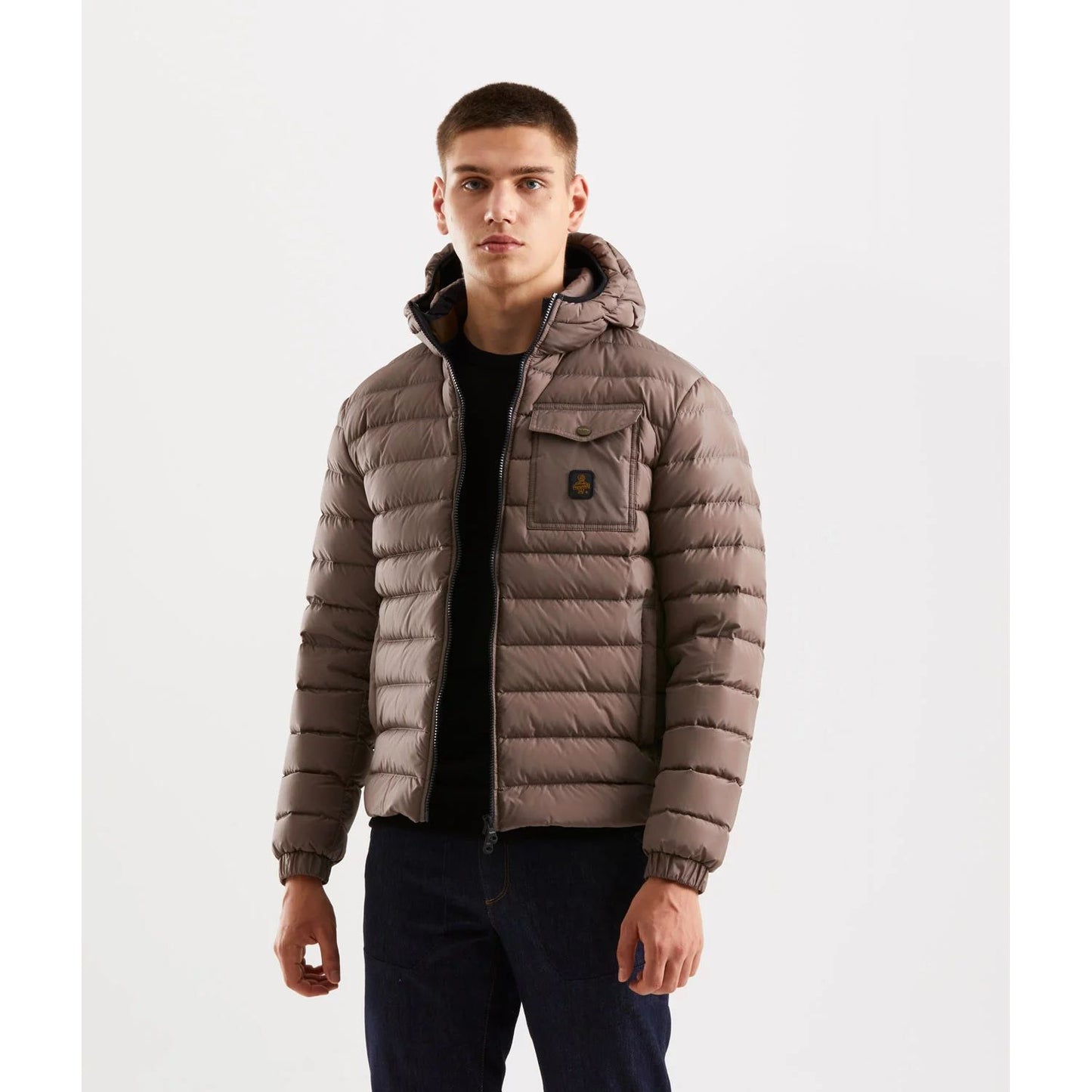 Refrigiwear Beige Nylon Men Jacket with hood, practical pockets, zip closure, perfect for modern urban style and warmth.