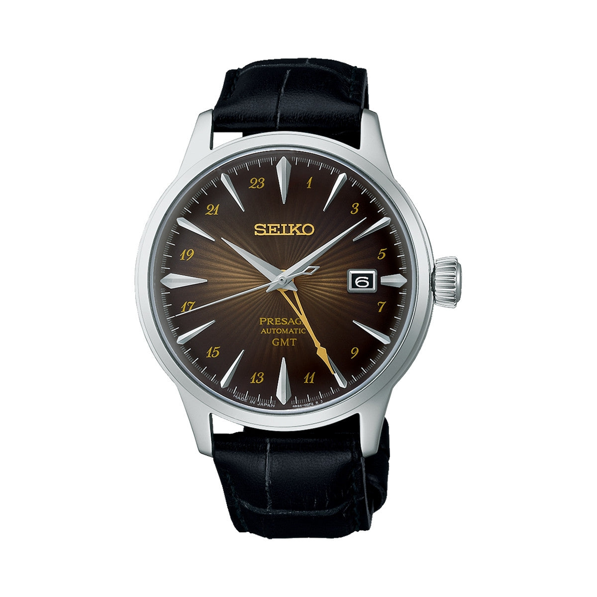 SEIKO PRESAGE Mod. COCKTAIL AUTOMATIC - RUSTY NAIL wristwatch, stainless steel case, leather strap, water resistant 5 ATM, GMT function