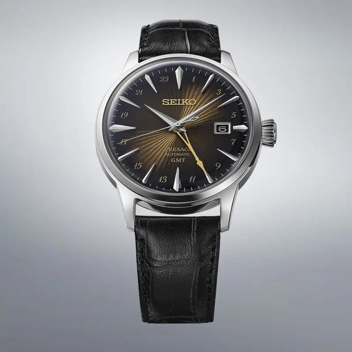 SEIKO PRESAGE Mod. COCKTAIL AUTOMATIC - RUSTY NAIL wristwatch with 40.5mm stainless steel case and leather strap, water resistant 5 ATM.