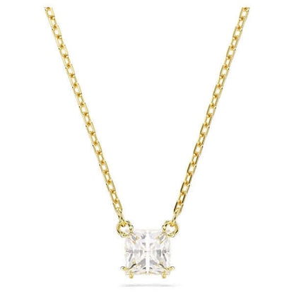 Elegant gold necklace with square-cut crystal pendant on a delicate chain, perfect for adding sparkle to any outfit.