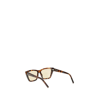 Saint Laurent Beige Acetate Sunglasses with square frame and iconic signature on temples, 276 Mica model, semi-transparent design.