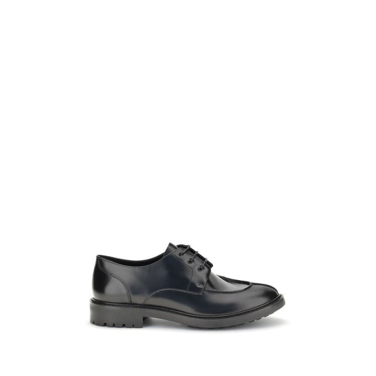Side view of Saint Laurent Black Calf Leather Bos Taurus Oxfords And Derbies on white background, featuring smooth leather and rubber lug sole.