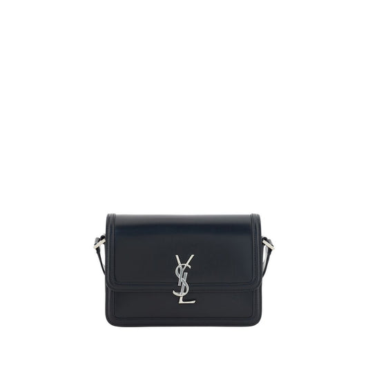 alt="Saint Laurent Black Calf Leather Bos Taurus Shoulder Bag with iconic YSL logo for elegance and functionality."