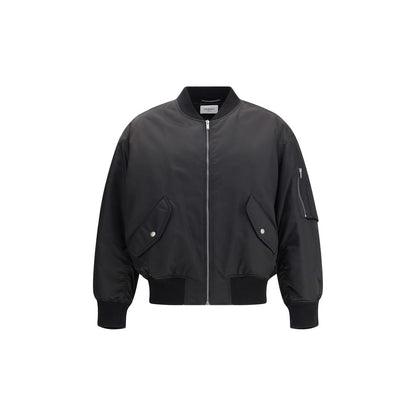 Saint Laurent Black Polyamide Bomber with zipper closure and snap pockets, water-repellent recycled material, oversized fit style.