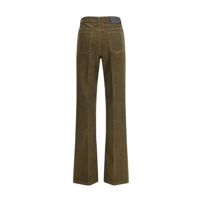Back view of Saint Laurent Green Cotton Casual Pants with corduroy texture, leather jacron and classic five-pocket design.