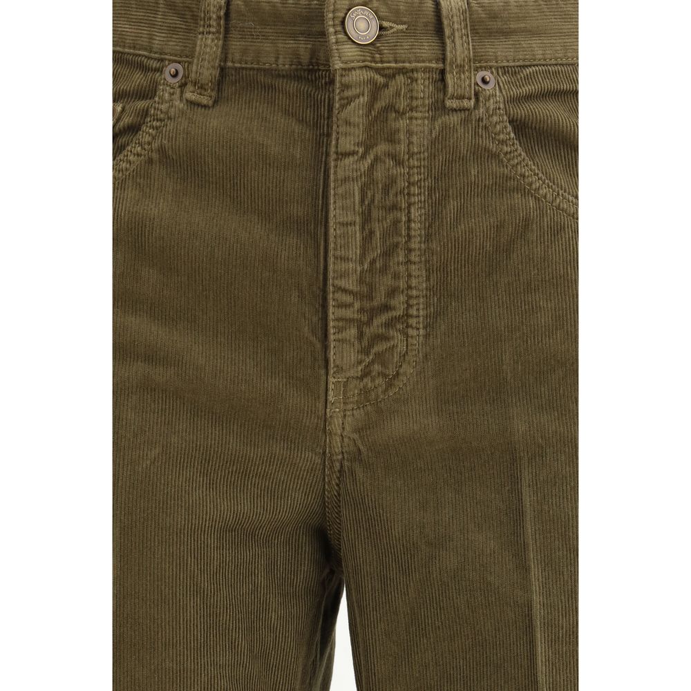 Close-up of Saint Laurent Green Cotton Casual Pants with zipper and button closure, showcasing corduroy texture and classic design.