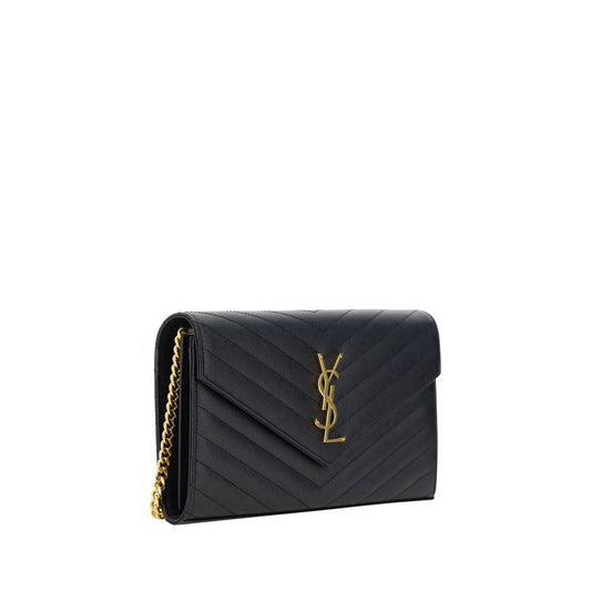 Saint Laurent Logoed Shoulder Bag with gold chain and embossed leather design, featuring iconic golden logo plaque and secure snap closure.