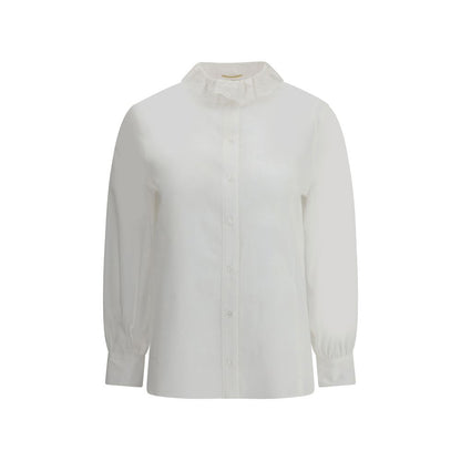 Saint Laurent White Cotton Dress Shirt with lace-trimmed Pierrot collar and beveled cuffs, featuring button front closure.