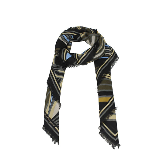 Salvatore Ferragamo Black Wool Foulard with side logo, multicolor design, 70x180 cm, perfect for casual style.