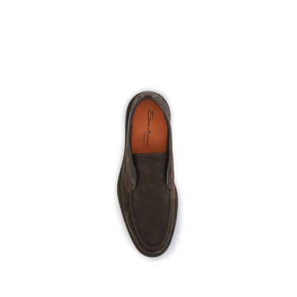 Santoni Brown Calf Leather Bos Taurus Slip-On Loafers
