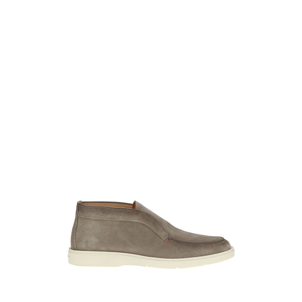 Side view of Santoni Desert Ankle Boots in soft suede with tray stitching and contrasting rubber bottom.