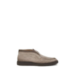 Side view of Santoni Desert Ankle Boots in soft suede with tray stitching and contrasting rubber bottom.