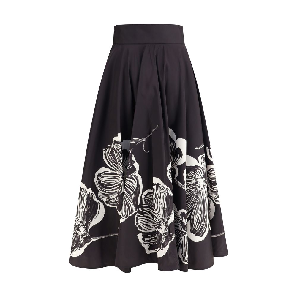 Sara Roka Black Polyester Midi Skirt with floral pattern and wide silhouette