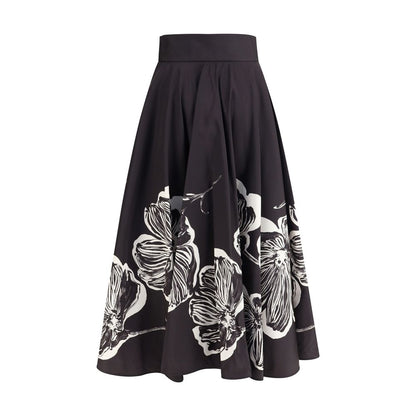 Sara Roka Black Polyester Midi Skirt with floral pattern and wide silhouette