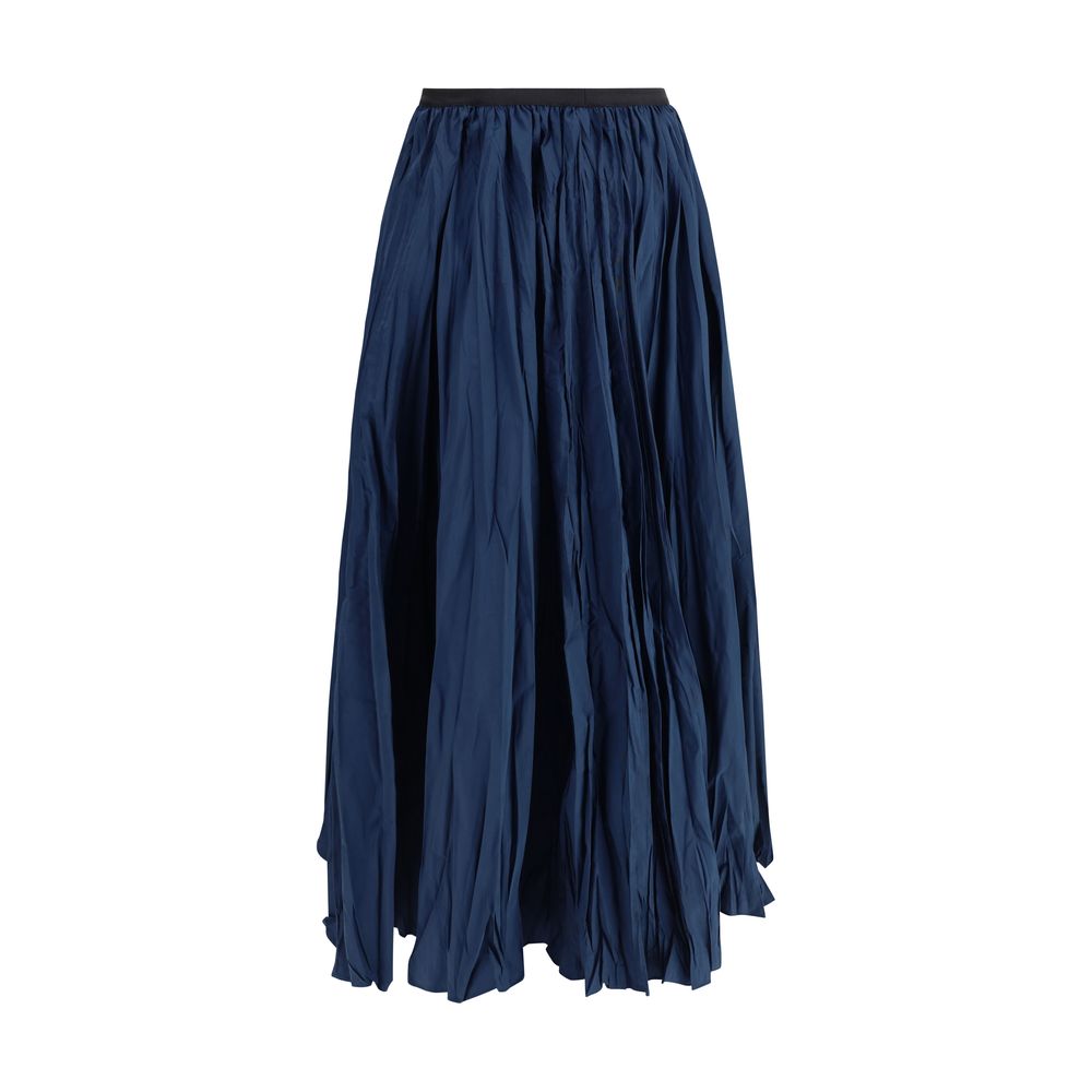 Sara Roka Blue Polyester Midi Skirt featuring a pleated crinkle-effect design with elasticized waistband for a comfortable fit.