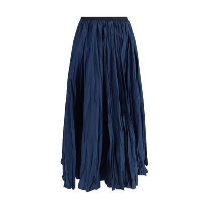 Sara Roka Blue Polyester Midi Skirt featuring a pleated crinkle-effect design with elasticized waistband for a comfortable fit.