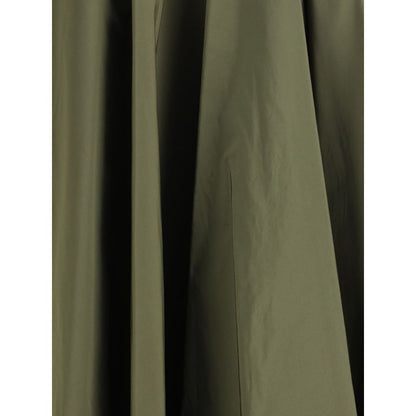Sara Roka Green Polyester Midi Skirt with flowing design and side zipper, featuring two front welt pockets for added style and function.