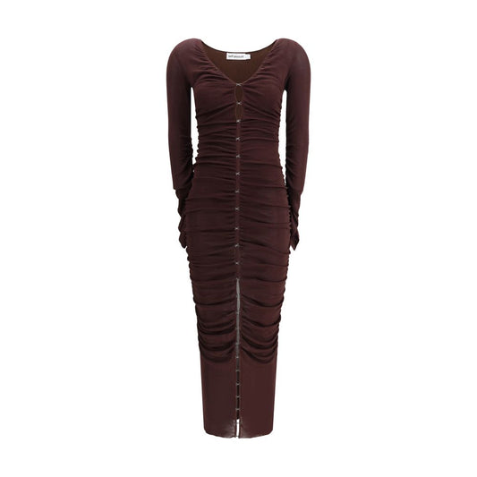 Self-Portrait Brown Viscose Casual Dress with draped knit, V-neckline, long sleeves, ankle-length, AW25 collection.