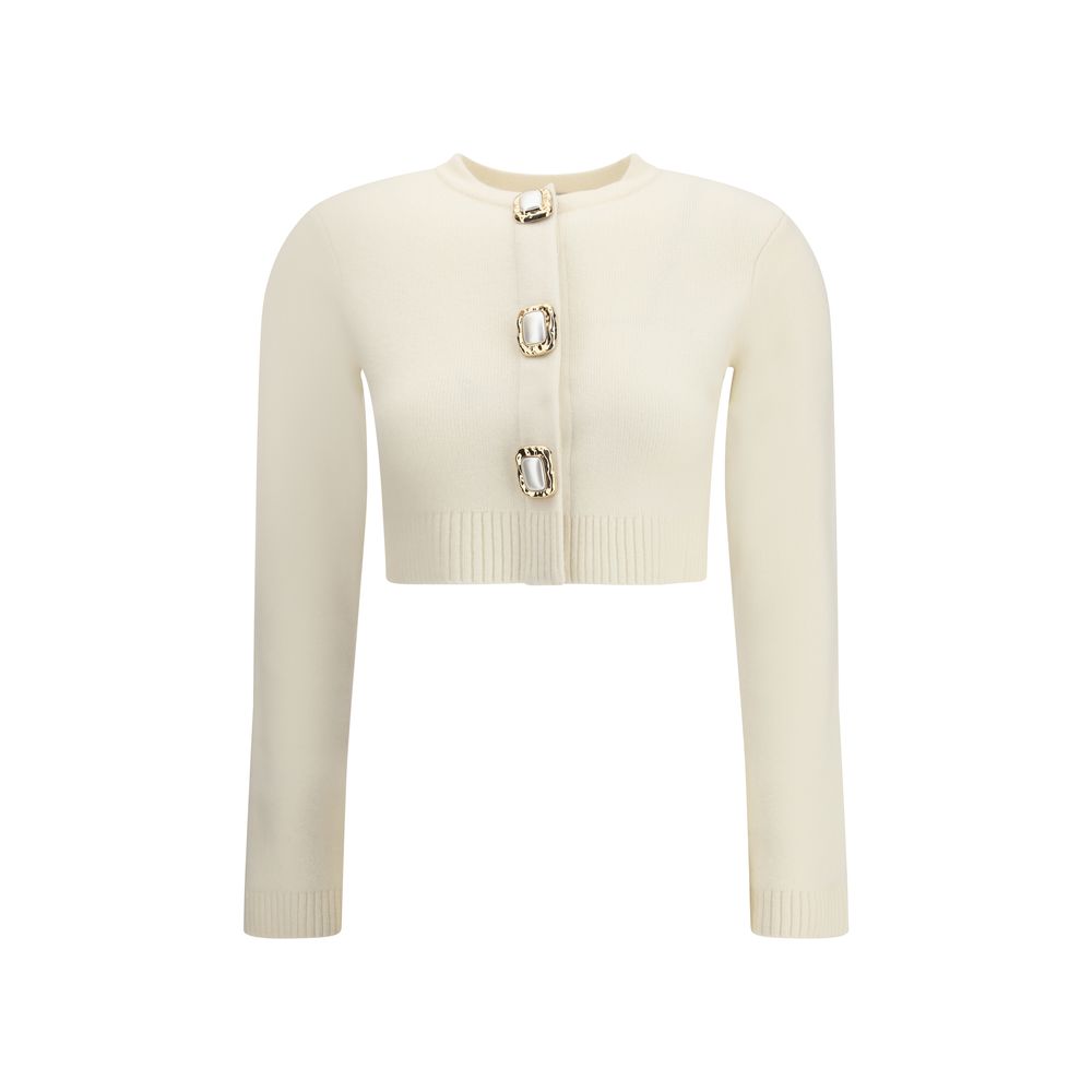 Self-Portrait Cream Wool Cardigan with decorative buttons, ribbed edges, and concealed front closure for elegant style.