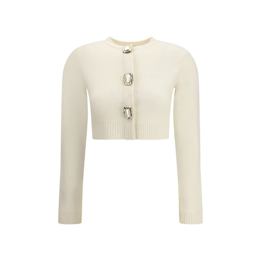 Self-Portrait Cream Wool Cardigan with decorative buttons, ribbed edges, and concealed front closure for a stylish autumn-winter look.