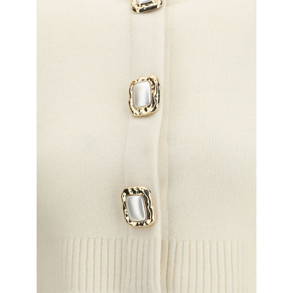 Close-up of Self-Portrait Cream Wool Cardigan with decorative buttons and ribbed edges on hem, cuffs, and neckline for AW25 season.